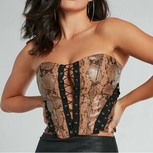 Windsor Brown Snake-Print Lace-Up Strapless Bustier Crop Top